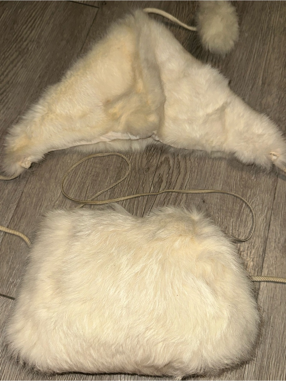 Vtg 50’s Genuine Rabbit Fur Hand Warmer Muff & Pom Pom Tie on Hat